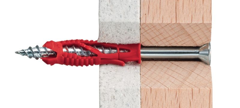 HUD-1 plastikinis sienos kamštis Ekonomiški universalūs plastikiniai sieniniai kaiščiai, tinkami lengvoms apkrovoms prie tuščiavidurių ir pilnavidurių sienų tvirtinti Aplikacijos 1