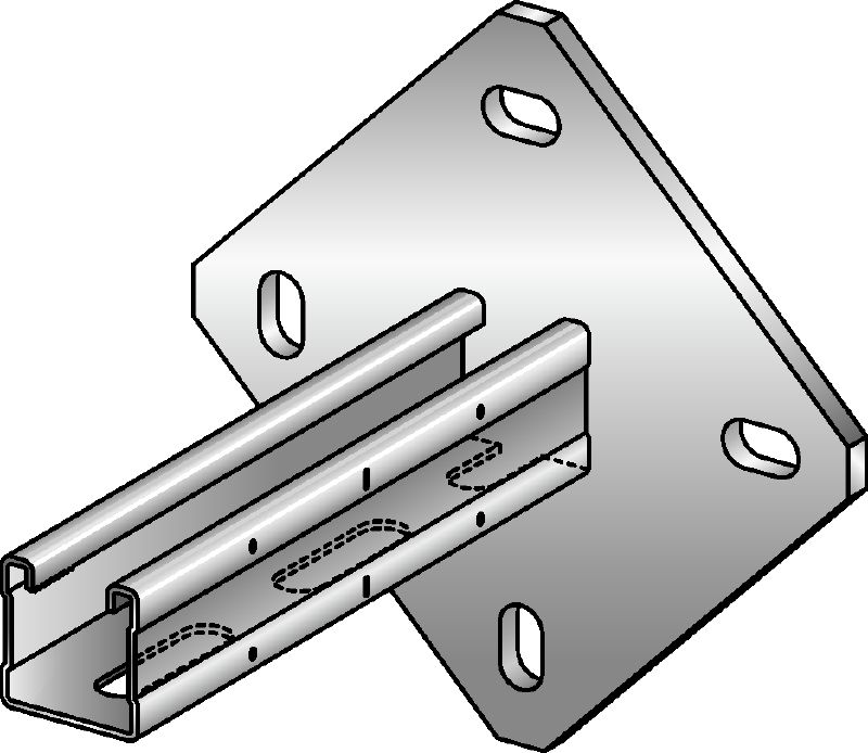 MQK-41 / 4-F Karštai galvanizuota (HDG) atrama su 41 mm aukščio, vienu MQ statramsčio bėgeliu su kvadratine pagrindo plokšte, kad būtų užtikrintas didesnis standumas