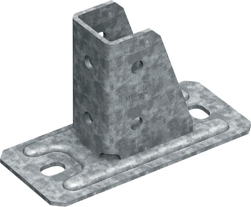 MT-B-O2 OC pagrindo plokštė Pagrindo jungtis, skirta statramsčio bėgelių konstrukcijoms prie betono ir plieno inkaruoti ir skirta naudoti lauke, esant mažai taršai