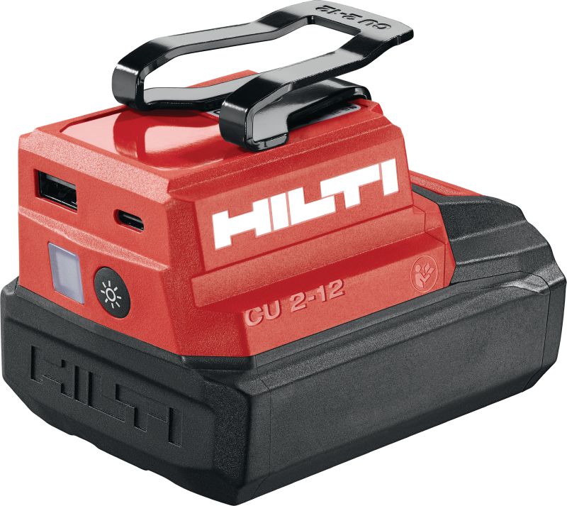 CU 2-12 USB įkrovimo adapteris USB įkrovimo adapteris „Hilti“ 12 V akumuliatoriams, skirtas įkrauti planšetinius kompiuterius, telefonus ir kitus įrenginius su USB-C arba USB-A prievadais