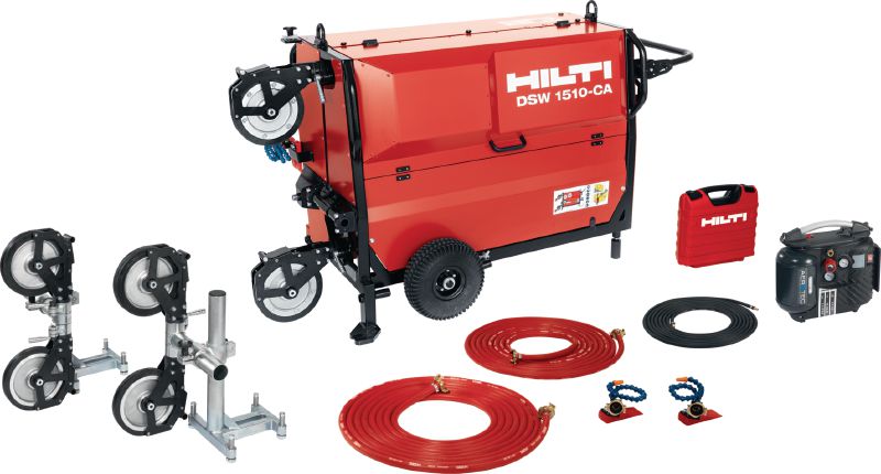 DSW 1510-CA trosinis pjūklas Elektrinis sieninis pjūklas (15 kW) – su automatine troso tempimo sistema, pjovimo automatinio valdymo funkcija bei belaidžiu distanciniu valdymu skirtas lengviau atlikti sunkius pjovimo darbus