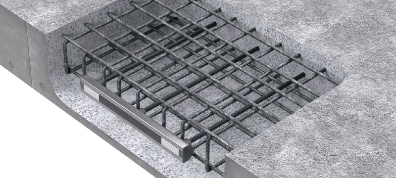 HAC-V inkariniai bėgeliai su armatūra montuojami plokštės (denginio) priekyje Įbetonuojami inkariniai bėgeliai, skirti naudoti plokščių (denginio) priekinėje dalyje Aplikacijos 1