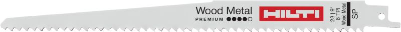 Aukščiausios klasės medienos su metalu pjovimas Aukštos klasės peilinio pjūklo pjūklelis, skirtas metalu apkaustytoms medinėms konstrukcijoms griauti. Stiprumas pjaunant metalą ir greitis pjaunant medieną