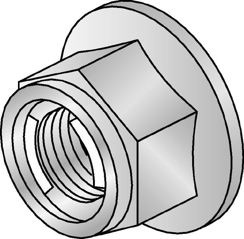 M12-F-SL-WS 3/4 šešiabriaunė veržlė Karštai galvanizuota (HDG) šešiabriaunė veržlė su užsifiksuojančiu mechanizmu, naudojama su visomis MI jungtimis