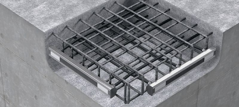 HAC-V inkariniai bėgeliai su armatūra montuojami plokštės (denginio) priekyje Įbetonuojami inkariniai bėgeliai, skirti naudoti plokščių (denginio) priekinėje dalyje Aplikacijos 1