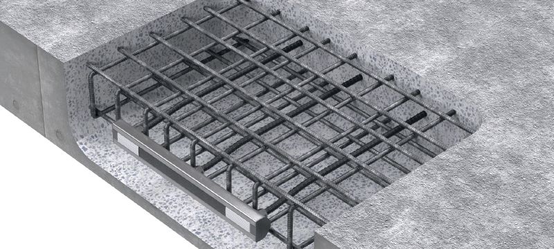 HAC-V inkariniai bėgeliai su armatūra montuojami plokštės (denginio) priekyje Įbetonuojami inkariniai bėgeliai, skirti naudoti plokščių (denginio) priekinėje dalyje Aplikacijos 1