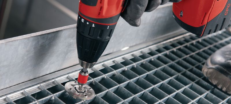 Grotelių tvirtinimo diskas (nerūdijantysis) X-FCM-R Grotelių tvirtinimo diskas, skirtas srieginėms smeigėms itin korozinėje aplinkoje Aplikacijos 1