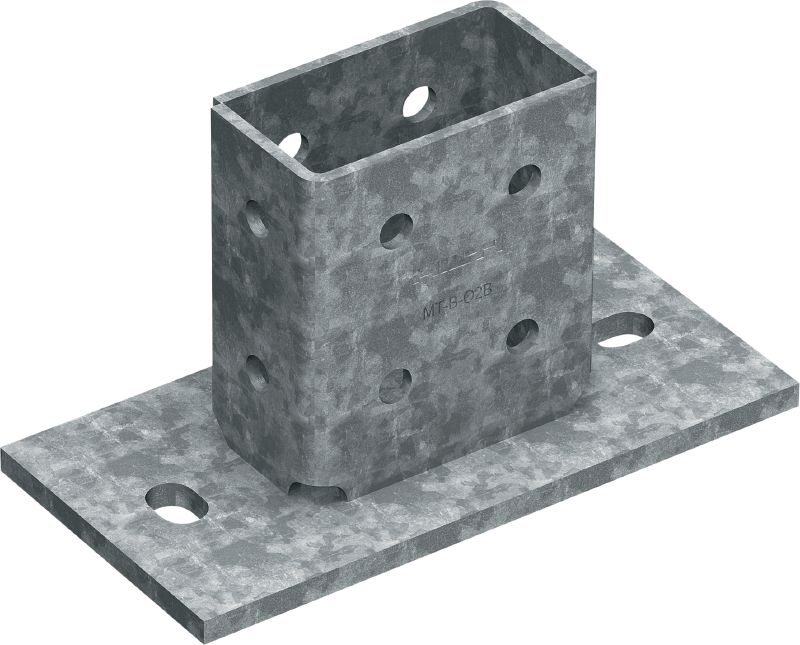 MT-B-O2B OC pagrindo plokštė 3D apkrovai Pagrindo jungtis, skirta statramsčio bėgelių konstrukcijoms, veikiamoms 3D apkrovos, inkaruoti prie betono ir plieno ir skirta naudoti lauke, esant mažai taršai