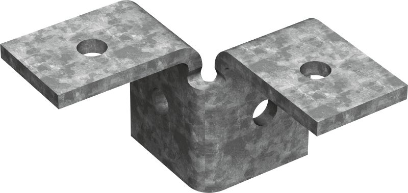 MT-C-T 3D/2 OC sparno tvirtinimo dalis Dviguba sparno tvirtinimo dalis, skirta trims statramsčio bėgeliams sujungti 3D konstrukcijoje ir skirta naudoti lauke, esant mažai taršai